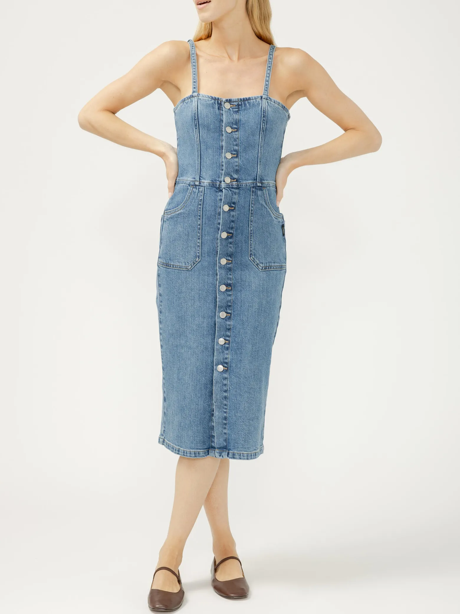 Button-Front Denim Midi Dress