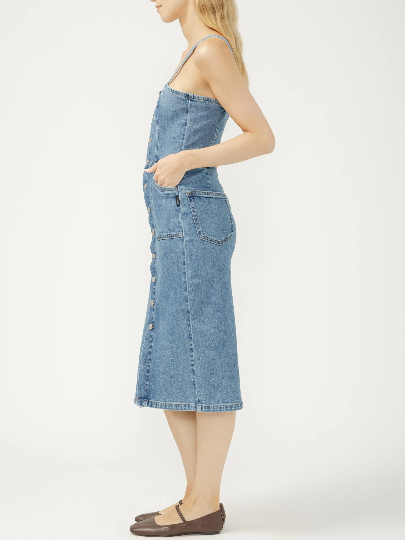 Button-Front Denim Midi Dress