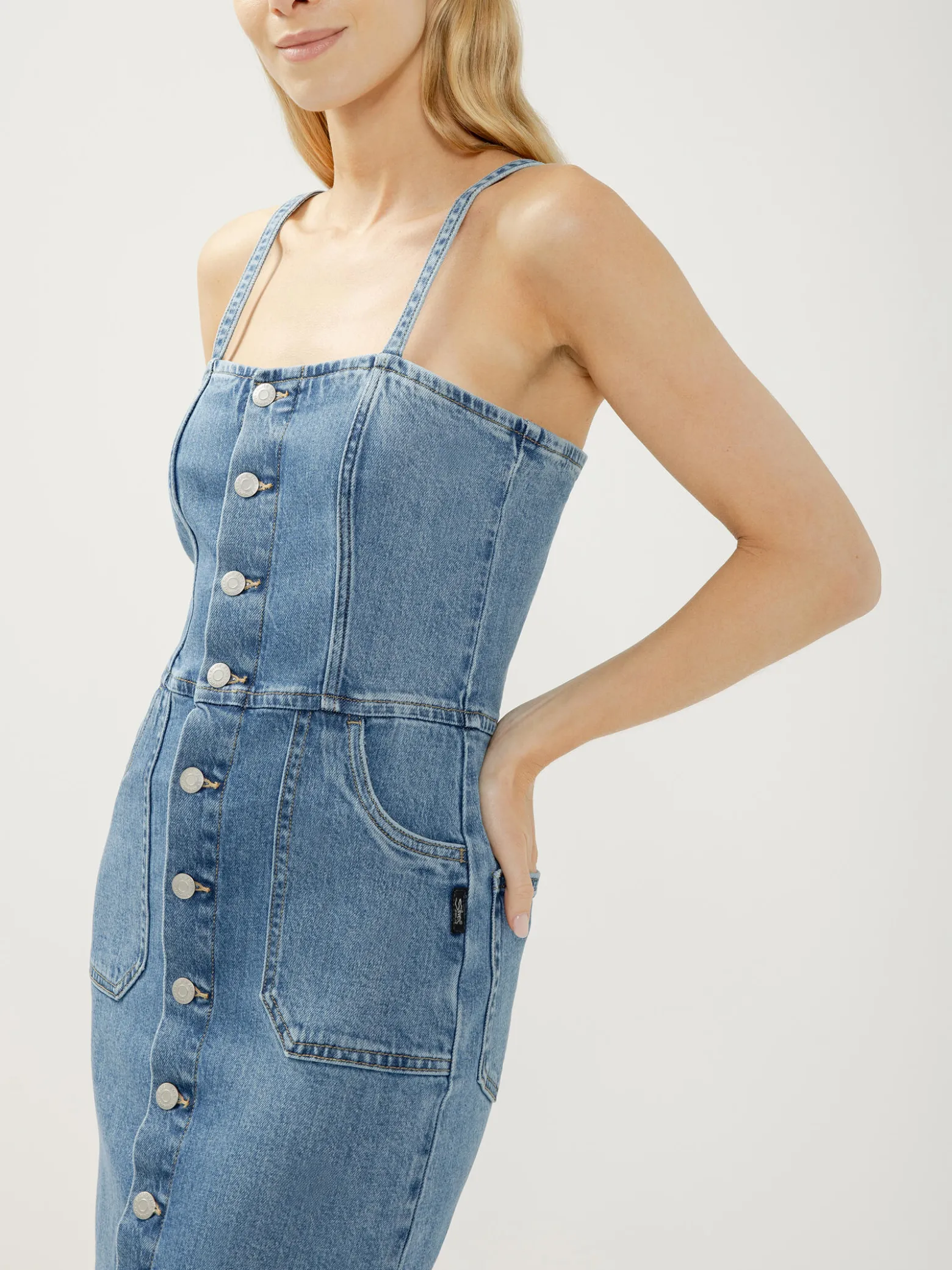 Button-Front Denim Midi Dress