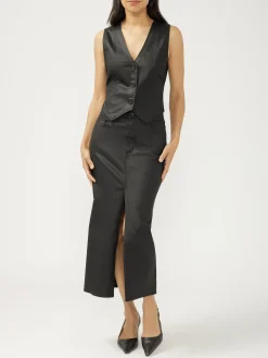 Coated Front-Slit Midi Skirt