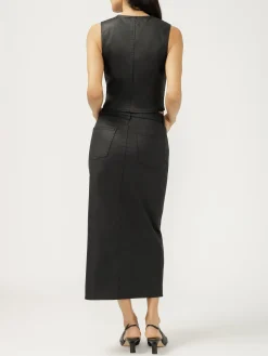 Coated Front-Slit Midi Skirt