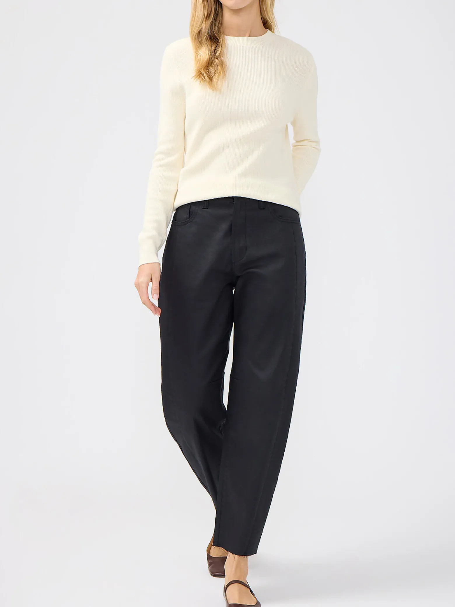 High Rise Slim Barrel Leg Coated Jeans