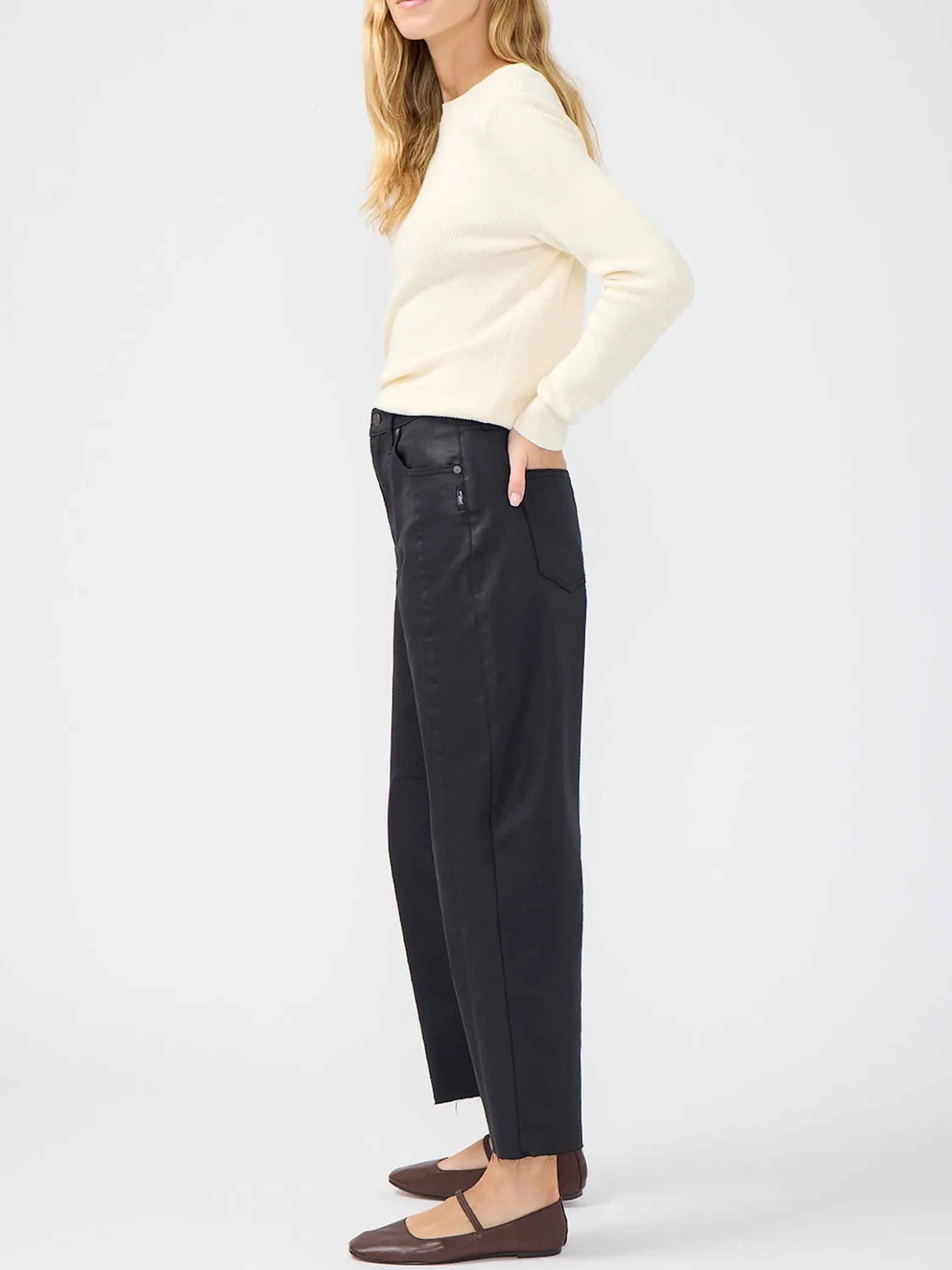 High Rise Slim Barrel Leg Coated Jeans